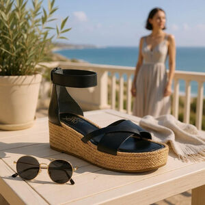 Franco Sarto Verita LEATHER Espadrille Platform Thong Sandal SZ 10 M BLACK
